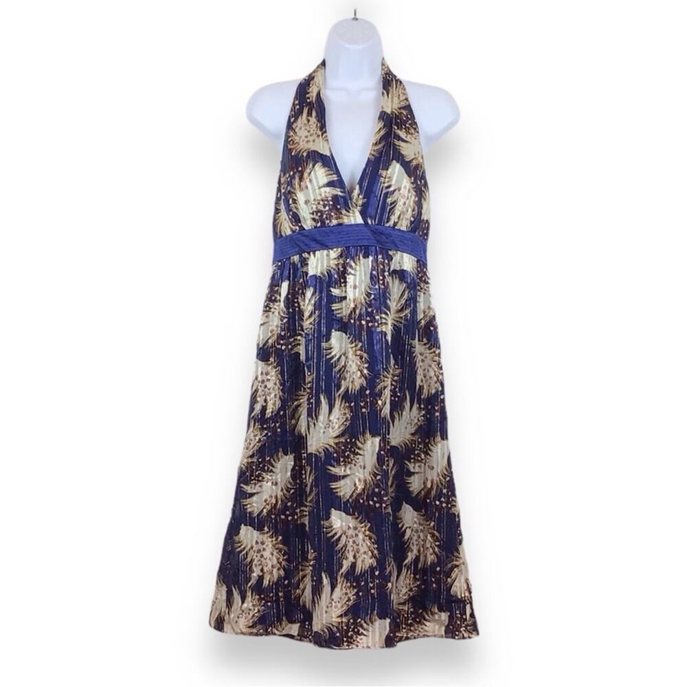 LAUNDRY by SHELLI SEGAL Open Back Fit & Flare Halter Silk/Metallic Dress NWT
